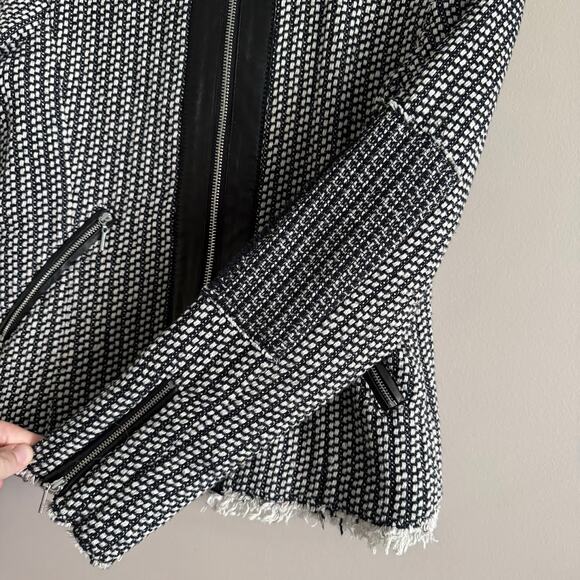 Rebecca Taylor Black and White Tweed Lamb Leather Trim Zip Jacket Blazer 4 - Picture 9 of 11